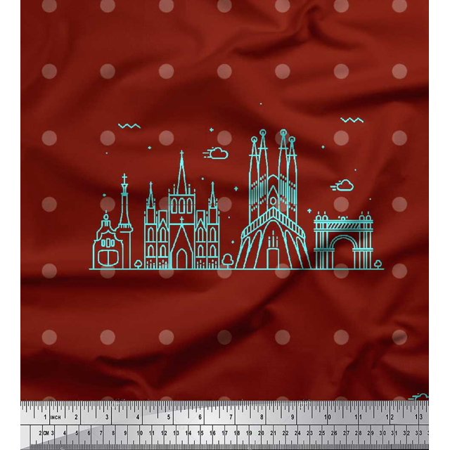 Soimoi Red Poly Georgette Fabric Dot & Sketch Monuments Architectural Fabric Prints By Yard 52 Inch Wide