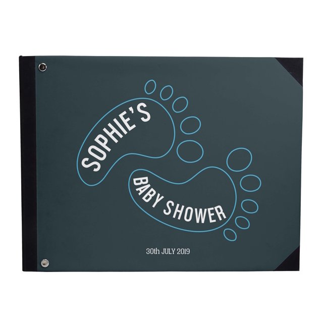 Darling Souvenir Blue Baby Footprint Baby ShowerGuestbookHardbound Cover Personalized Printed MemoryGuestRegistry-9 x 12 Inches