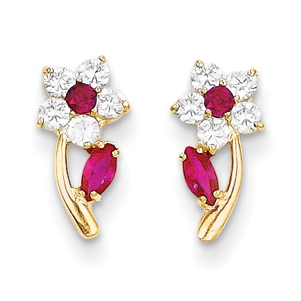 14K Or Jaune Madi K Clair & Rouge CZ Fleur Post Boucles d'Oreilles