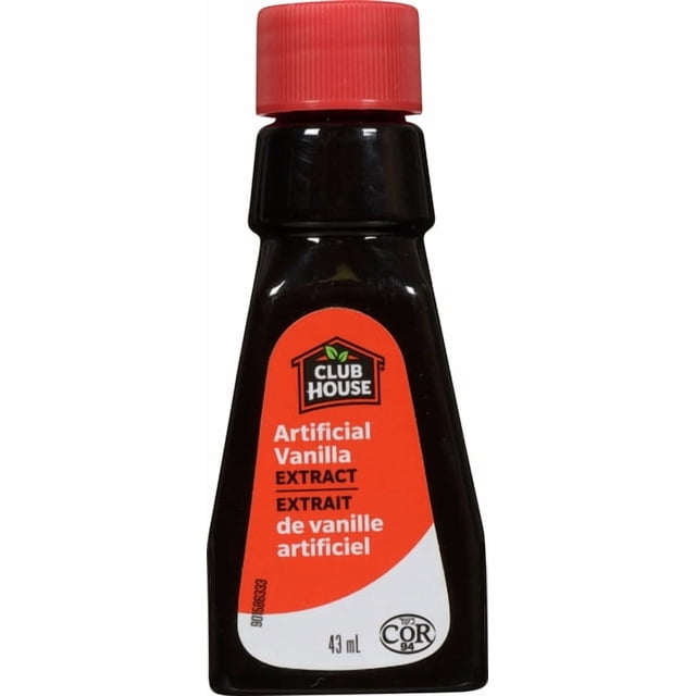 Club House Extrait de Vanille Artificielle Bouteille de 43 ml avec Corps en Plastique Noir et Bouchon Nervuré Rouge, Présentant une Étiquette orange et Blanche avec le logo de la Marque et un Texte Bilingue, Idéal comme Ingrédient de Pâtisserie et Extrait de Saveur.