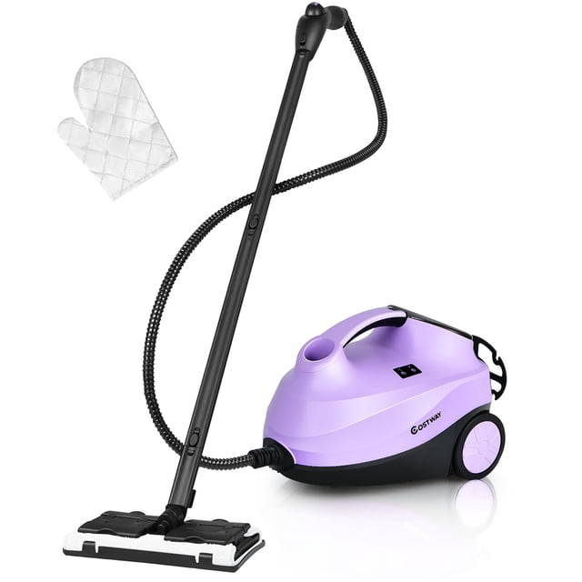 Costway 2000W Heavy Duty Steam Cleaner Mop Multi-Purpose in purple, designed for chemical-free cleaning with high steam pressure up to 4 bar and a maximum temperature of 226°F. Features a 1.5L water tank, adjustable steam control, and 19 versatile accessories including a floor brush, carpet glider, and glass brush for deep cleaning. Equipped with child safety lock, automatic power-off, and flexible wheels for easy maneuverability.