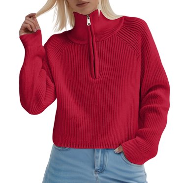 Fgnfyis Chandail Court Style Décontracté à Demi-Glissière à Col Montant pour l'Automne et l'Hiver Haut en Tricot Doux et Ample pour un Port Sans Effort Hauts en Tricot pour Femmes Rouge