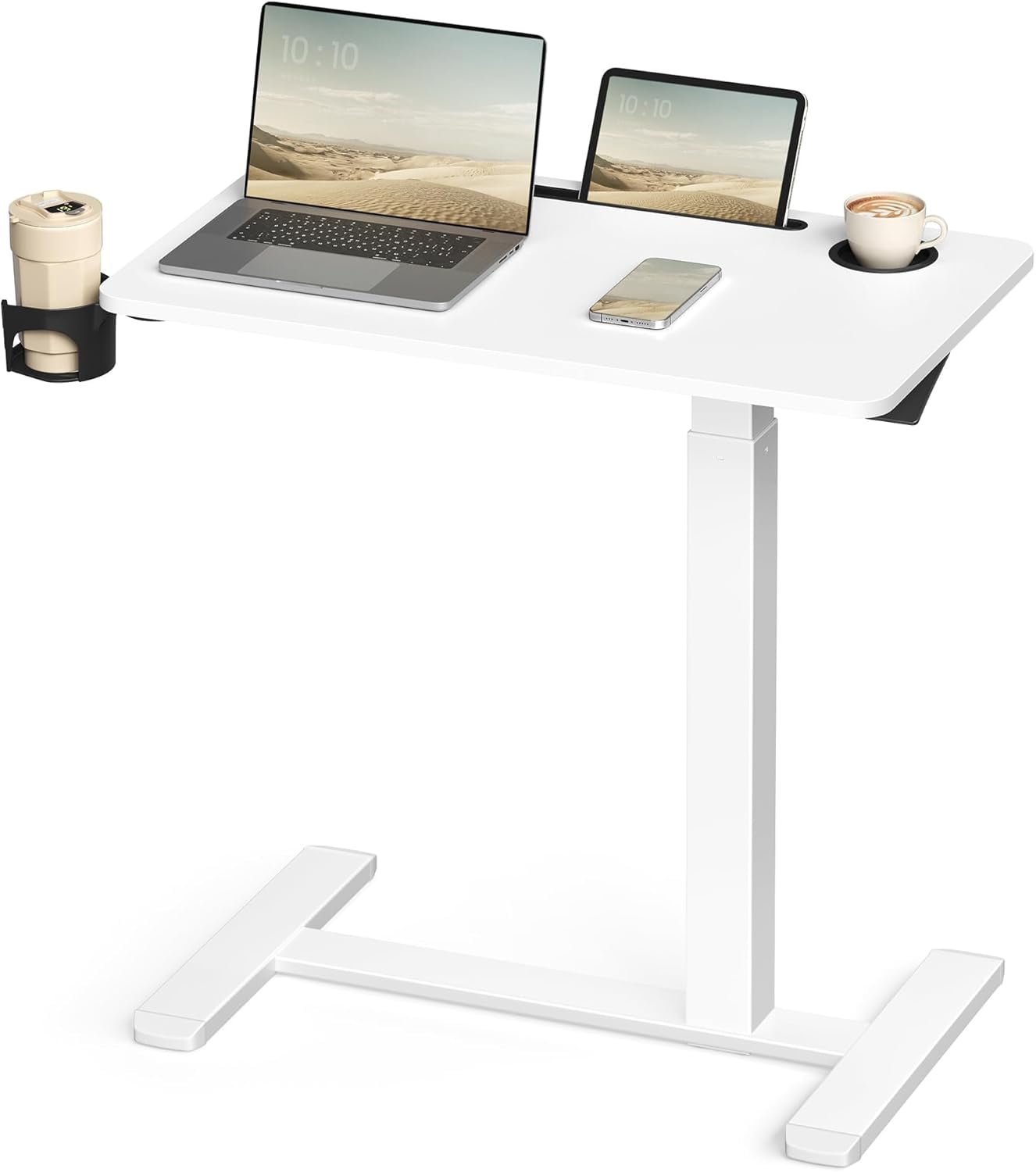 VASAGLE Small Standing Desk with Wheels, Mobile Height Adjustable Stand Up Desk, 80 x 45 cm Tabletop, 2 Cup Holders, Phone and Tablet Slot, Cloud White