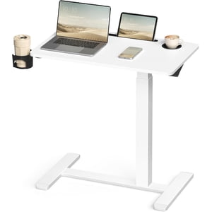 VASAGLE Petit bureau debout avec roues, mobile en hauteur réglable Stand Up, 80 x 45 cm Table, 2 Supports de tasse, Fente de téléphone et de tablette, Blanc nuage