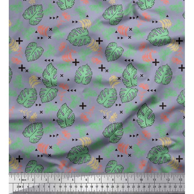 Soimoi Satin Silk Fabric Geometric Sign,Clover & Monstera Leaves Decor Fabric Printed Yard 42 Inch Wide