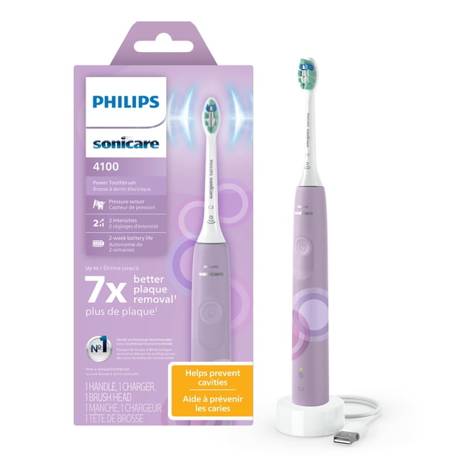 Philips Sonicare 4100 rechargeable toothbrush in prismatic lush lilac with slim ergonomic handle, pressure sensor, and two intensity settings, shown with brush head and USB charging base, providing up to 2 weeks of battery life and effective plaque removal for sensitive gums.