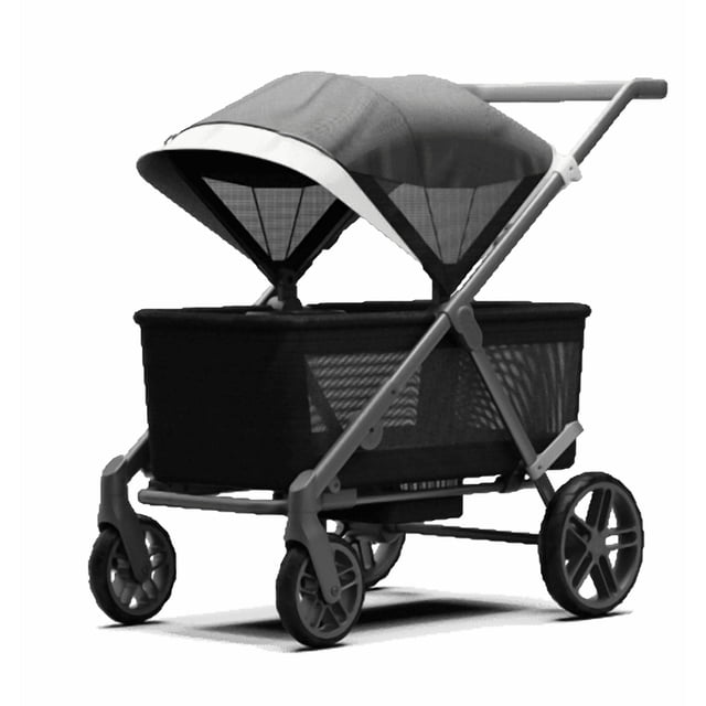 Evenflo Poussette-Wagon Omni Crew Capacité de 110 Lb Vue Centrée aux Trois Quarts de la Poussette-Wagon avec Quatre Pneus Tout-Terrain, Guidon Poussoir/traction, Frein Simple-Pied Relié, Se Plie à Plat avec Roues Qui Se Rentrent, Puits pour les Pieds Spacieux, Deux Sièges avec Harnais Individuels à 3 Points et Auvent en Maille à 3 Panneaux.