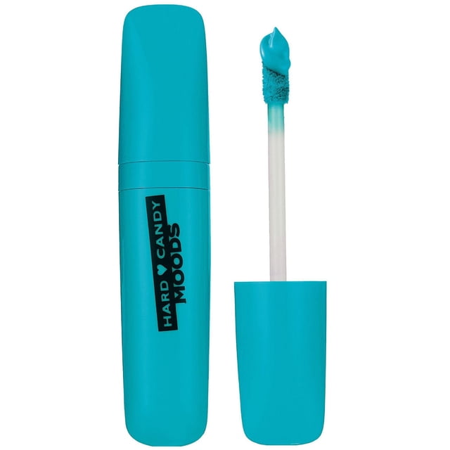 Hard Candy Moods Shadow Paint in matte turquoise blue cream eye shadow with built-in applicator wand showing a swatch of the same color, providing high-impact, blendable, smudge-proof eye color ideal for priming or lining eyes.