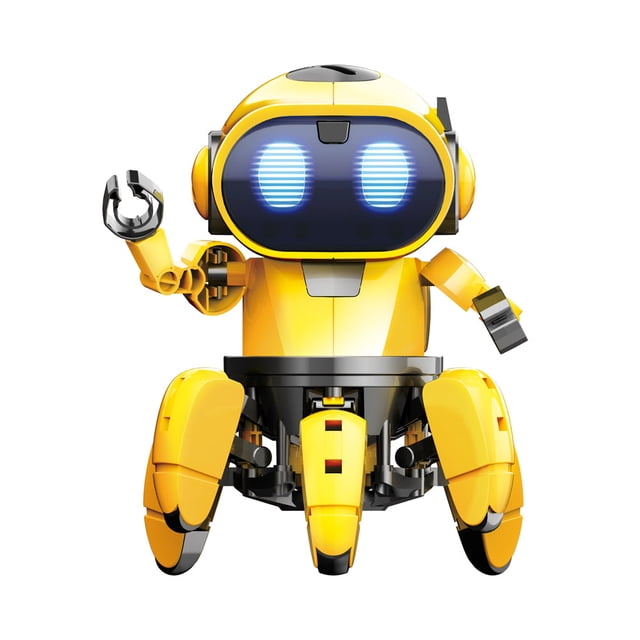 Tobbie The Robot Science Kits featuring a multicolour robotic toy with six legs and a 360-degree turn radius. The robot has a yellow body, expressive LED eyes, and movable arms, designed for obstacle detection and exploration. Ideal for STEM learning and family fun.