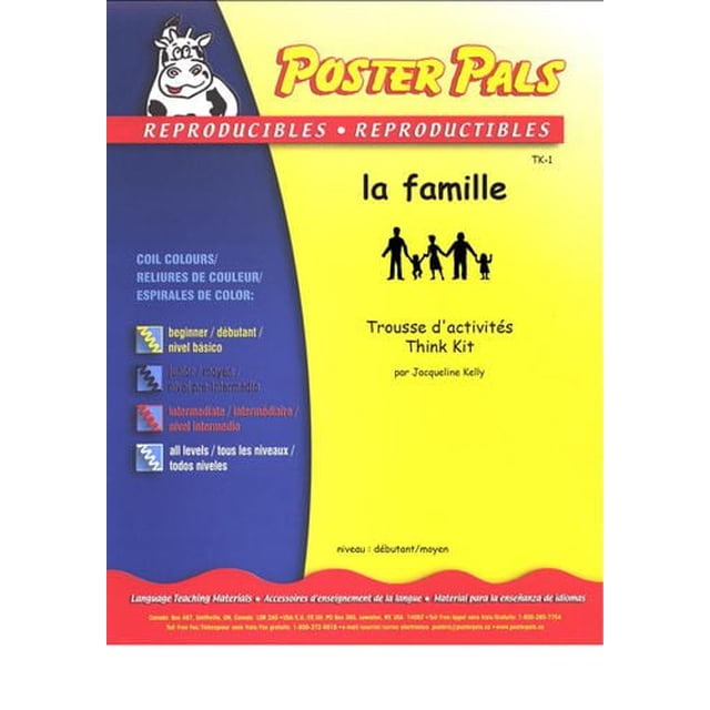 The Fsl Classroom La Famille French Reproducible Teaching Activities cover with yellow and blue background, Poster Pals cow logo, color-coded skill levels from beginner to all levels, and text describing language teaching materials and classroom resources by Jacqueline Kelly.