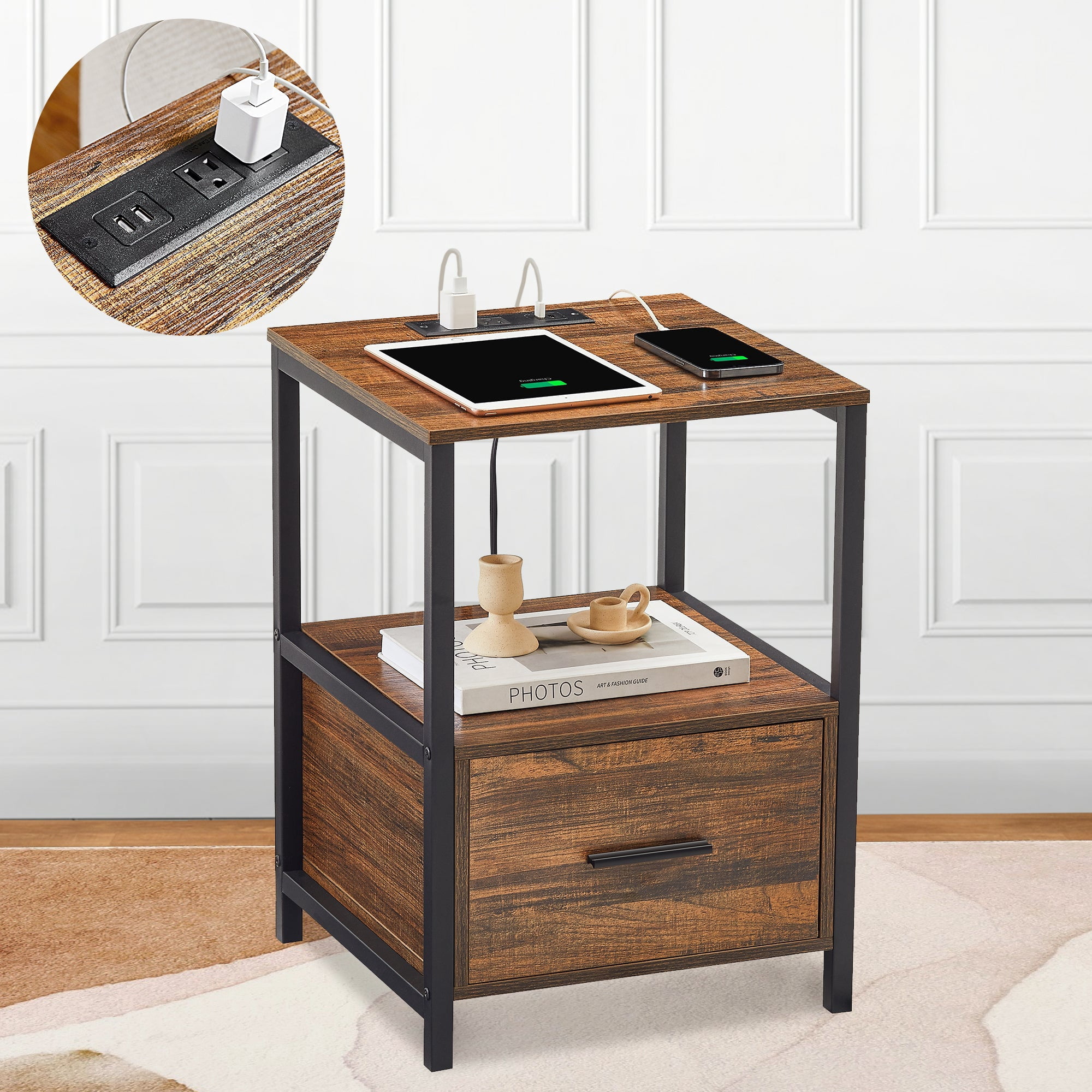 VECELO Table de Chevet avec Station de Charge et Tiroir, Table d'Appoint Moderne avec Rangement Ouvert pour Chambre Salon Bureau, Marron