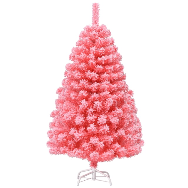 Patiojoy Pink Christmas Tree 4.5 Ft Xmas Decoration Tree w/ 348 Snow Flocked PVC Tips & Metal Stand