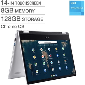 Acer 14" Tourner 2-in-1 Livre de Chrome convertible Touch - Intel. N6000| 8G RAM| 128G Flash Drive de stockage , Chrome -Excellent Recertifié avec 1 Année Acer Garantie du fabricant