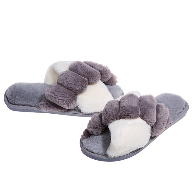 Coofit Cross Band Slippers Plush: Non-skid Fluffy Slippers Open Toe Slippers for Women
