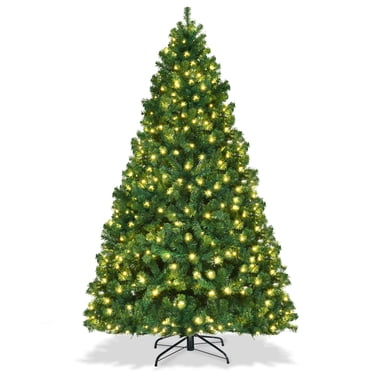 Gymax 7.5FT Pre-Lit Christmas Tree Hinged Artificial Tree w/ Metal Stand LED Lights