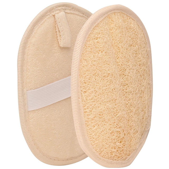 2 Exfoliating Loofah Pads body scrubber bath sponge featuring a double-sided design. One side is made of natural loofah for invigorating exfoliation, while the other side is a soft cotton washcloth for gentle cleansing. These eco-friendly, non-toxic pads are crafted from natural materials, ideal for removing dead skin, dirt, and body oils. Designed for durability, they can be sanitized in the dishwasher and hung to dry. Suitable for promoting smoother, healthier skin with improved circulation.