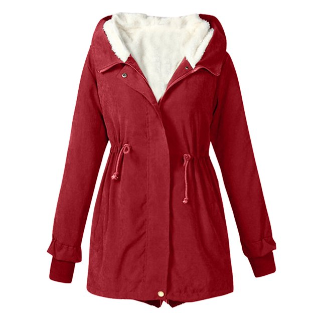 WEIYLL Womens Fleece Jacket Warm Solid Color Hooded Zipper Pockets Red Womens Clothing Size L