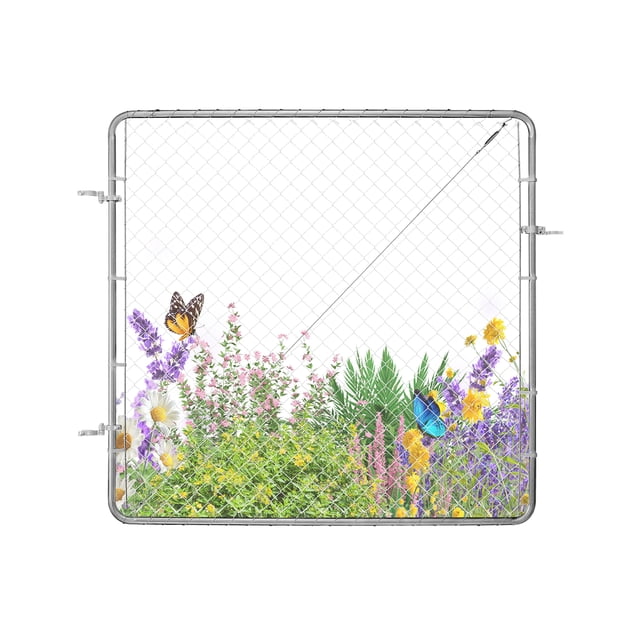 VEVOR Chain Link Fence Gate fit for 3x4 ft garden spaces, featuring a galvanized steel frame with tightly woven chain links for security and rust resistance. The gate includes a truss cable for stability and adjustable sizing to fit various outdoor settings. Shown with a vibrant garden backdrop of colorful flowers and butterflies.