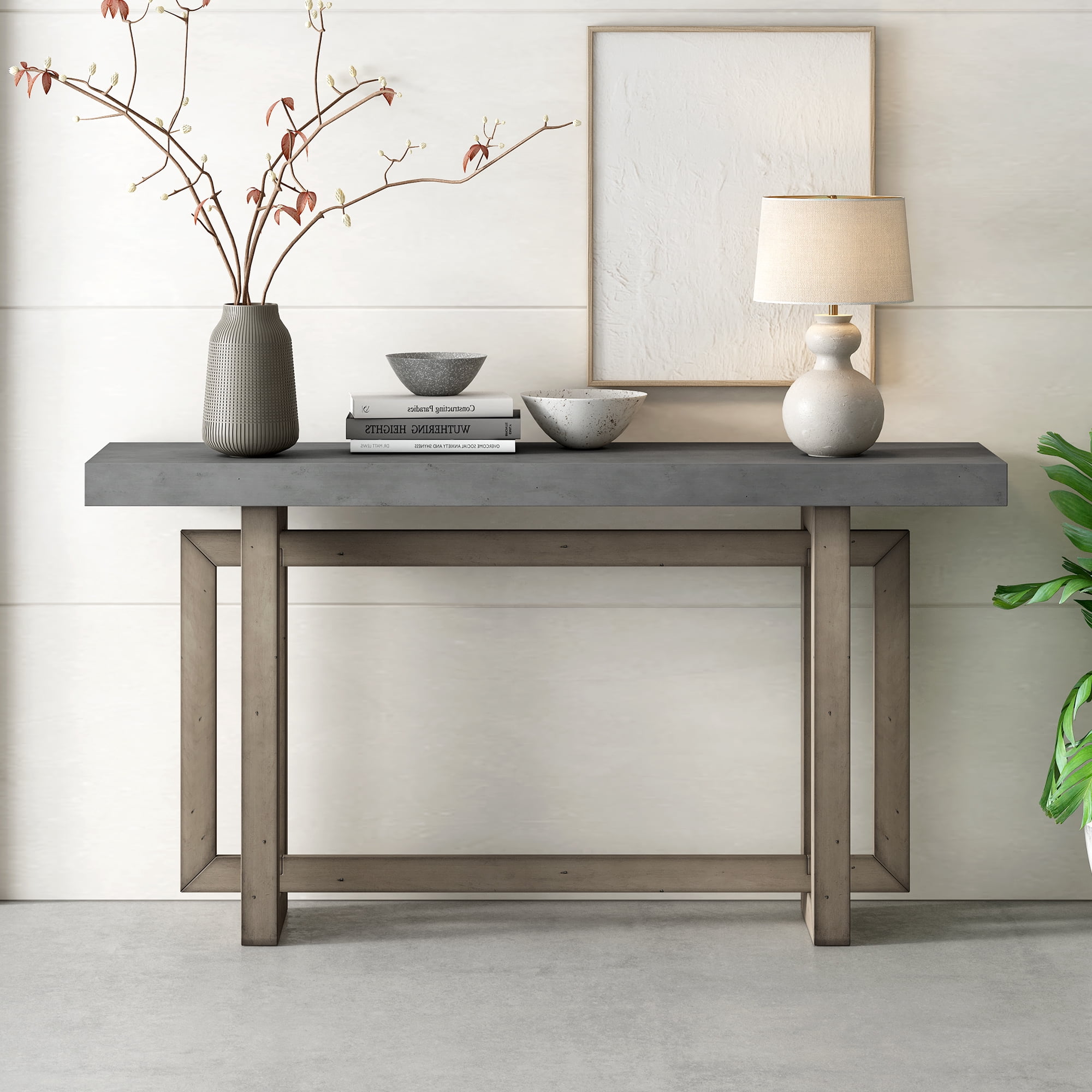 Noble House Table d'Entrée Peinte 59,1 Pouces, Console Design Triple Rectangle en Placage de Pin avec Pieds en Pin Épais, Extra Long, Gris