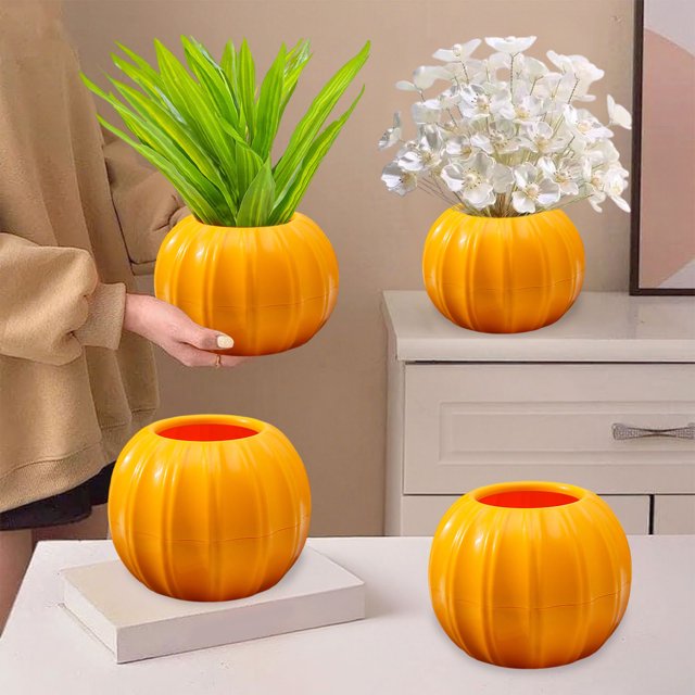 Originality Plastic Flower Pot Imitation Pumpkin Shape Decoration Vase Festive Dress Material Two Halves Splicing