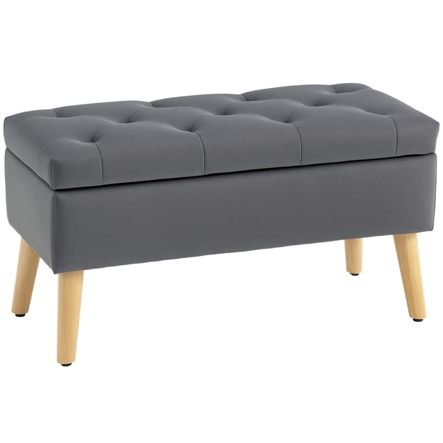 HOMCOM Banc Ottoman de Rangement Rembourré avec Pattes en Bois, Gris Anthracite. Doté d'Une surface en Tissu Capitonné à Boutons Effet Velours, Rangement Caché sous le Couvercle et Pattes Robustes en Bois de Caoutchouc. Dimensions : 31,5 Pouces de long, 13,8 Pouces de Large et 15,7 Pouces de Haut. Convient comme Repose-Pieds, Banc de Chambre Ou Siège de Couloir.