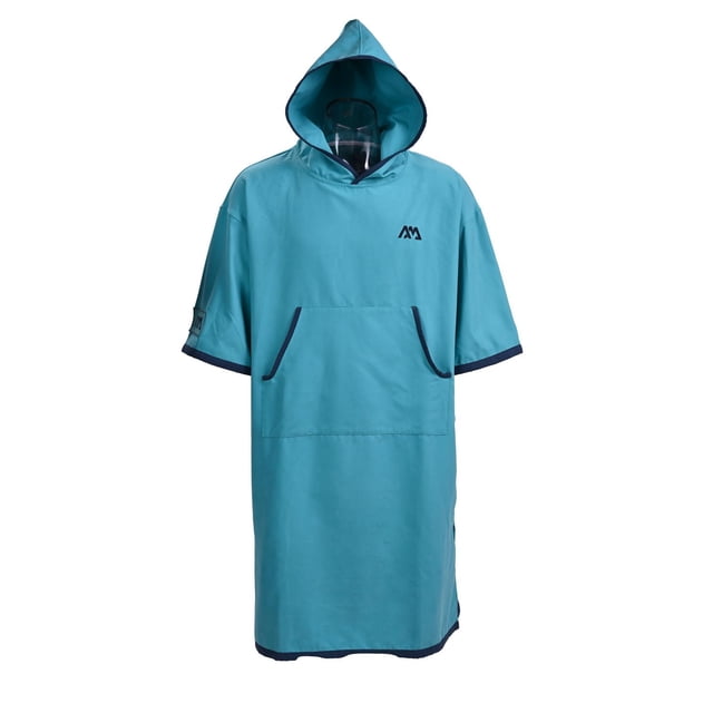 Aqua Marina Micro-Fabric Change Poncho (Aqua) – Adult, Large Size, quick-drying aqua blue hooded poncho with short sleeves and navy trim on edges, featuring a large front kangaroo pocket and Aqua Marina logo on chest and sleeve, made from breathable, lightweight fabric with UPF 50+ protection, ideal for private changing and drying after water activities.