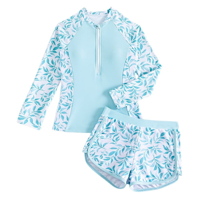MIASHUI Girls Two Piece Rash Guard Swimsuit Sets Long Sleeve Zipper Top and Shorts,Light Blue,8-9 Years