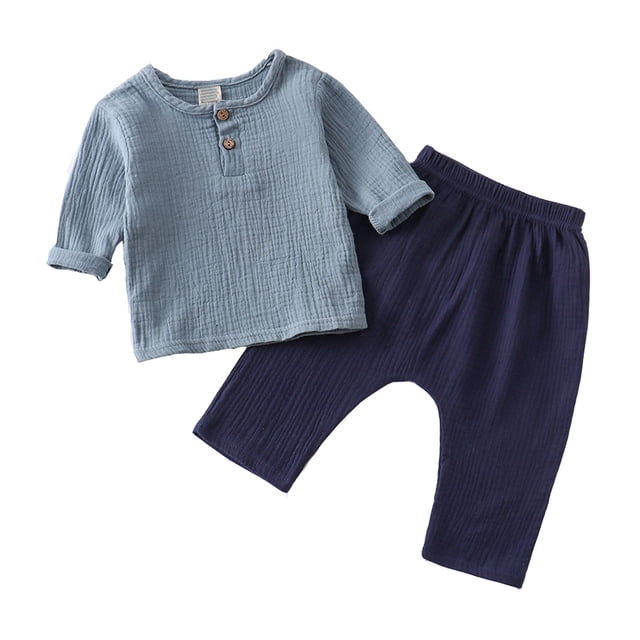 Girls Spring Outfits Solid Pullover Long Sleeve Linen Nine Inch Pants Crewneck Baby Boy Clothes Blue 5-6 Years