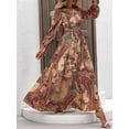 thumbnail image 4 of Robe Longue Évasée à Imprimé Floral pour Femme, Col en V, Manches Longues, Décontractée, Portefeuille, Automne, Plage, Évasée, Brun Clair, TG, 4 of 9