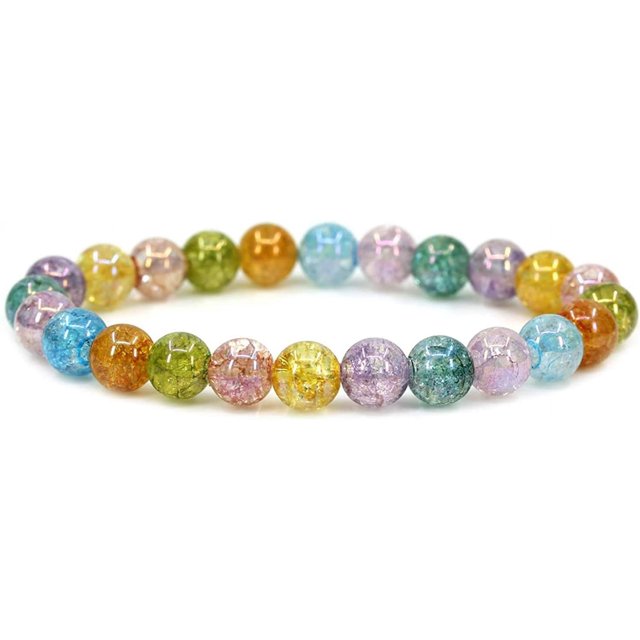 Bracelet Extensible Unisexe en Perles Rondes de 8 mm en Quartz Craquelé Multicolore Aura Aqua Naturelle