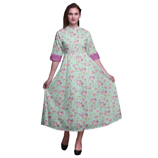 Bimba Robe Chemise à Imprimé Floral à Boutons, Col Mandarin, Manches Retroussables - Moyen