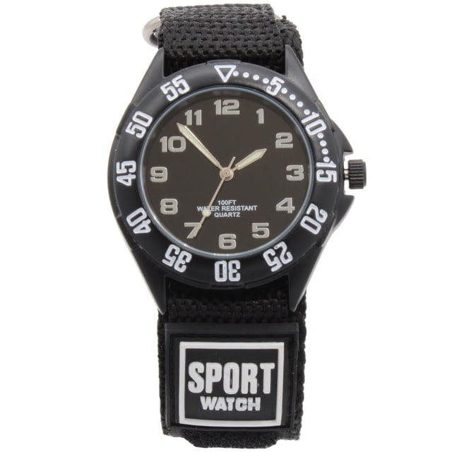 George Men's Analog Watch with black dial, silver hands, black rotating bezel with white minute markers, and black nylon strap labeled 'SPORT WATCH'. Features quartz movement and 100-foot water resistance, ideal for everyday and casual sports wear.