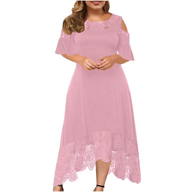 LSLJS Plus Size Women Sexy Ruffle Strapless Splicing Lace Splicing Short Sleeve Dresses, Plus Size Dress