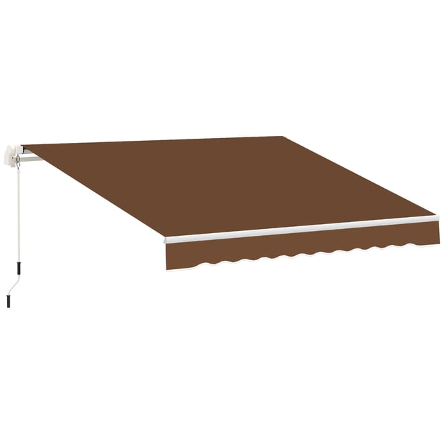 Outsunny Auvent Rétractable Manuel 10 Pieds x 8 Pieds avec Manivelle, Couleur Café. Cet Auvent de patio Présente un Cadre durable en Aluminium et Acier avec Tissu polyester Haute Densité 280 G/m2 pour protection contre les UV et la Pluie. Il Comprend une Manivelle Manuelle pour une Ouverture et une Fermeture Faciles, Soutenu par Deux Bras Rétractables et une Barre de Soutien avant. Idéal pour patios, Balcons Ou Vitrines, Il Mesure 116,1 Pouces de Longueur et 96,5 Pouces de Largeur. l'Auvent Est Montré Entièrement Allongé avec un Bord Festonné