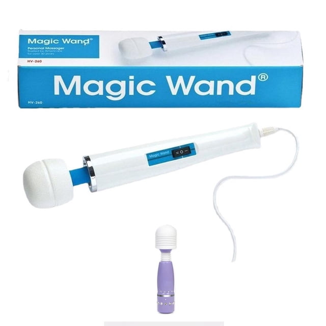 The Original Magic Wand with Free Travel Massager, a white handheld percussion massager with a rounded foam head and blue accents, shown with its branded packaging. Includes a compact purple travel massager for portability.