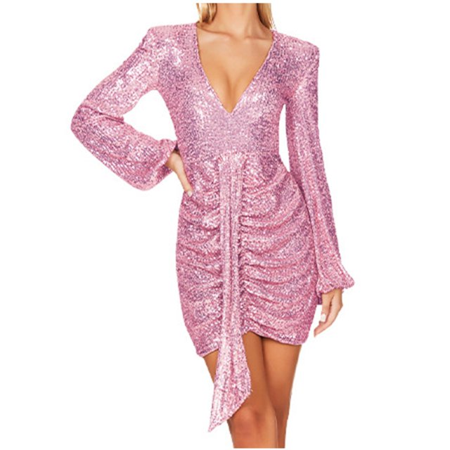 Pisexur Robes pour Femmes à Manches Longues à Col en V Profond Robe de Cocktail Mode à Paillettes Robes de Retour à la Maison Tunique Formelle Robe de Bal de Fin d'Année Robe de Soirée Robe de Fête Fluide Plissée Robe Midi