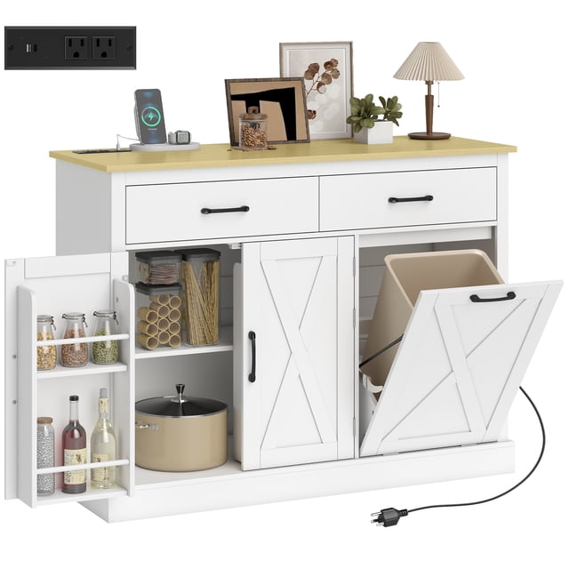 HOMCOM Armoire à Déchets Basculante avec Station de Recharge, Îlot de Cuisine, Blanc