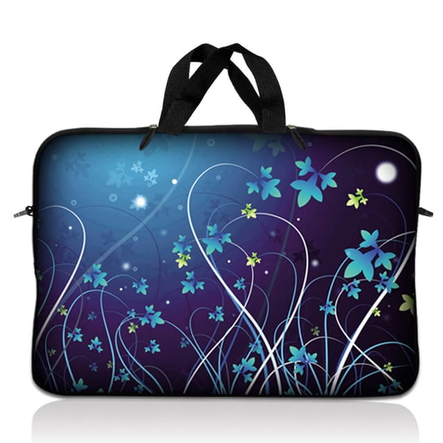 LSS Laptop Sleeve Bag 17 Inch Blue Swirl Floral Neoprene Carrying Case with vibrant blue and green floral artwork on a dark background. Designed for travel, it features scratch-resistant neoprene material, dual zipper closure, and a handle for easy portability. Lightweight and water-resistant, this sleeve protects laptops from scratches, bumps, and drops while offering a slim, compact design.