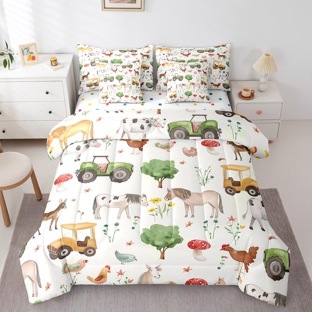 Ensemble de Literie Animaux de Ferme Grand Lit pour Enfants, Ensemble de Lit Tracteur Camion pour Garçons Filles, Réversible, 7 Pcs