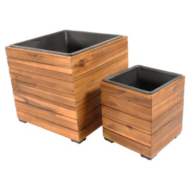 Sunnydaze Indoor/Outdoor Square Acacia Wood Planter Box with Plastic Liner - 2pk - Light Brown Stain