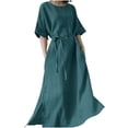 thumbnail image 1 of QIPOPIQ Robes pour Femmes avec Poches Manches Courtes Robes Décontractées Col Rond Robe d'Été Unie Manches Mi-Longues Robe Fendue avec Ceinture Offres 2023, 1 of 6