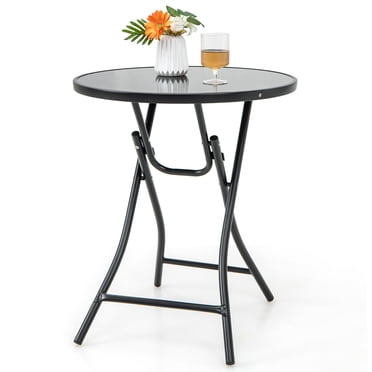 Topbuy Table Bistro Ronde de 23 Pouces pour Patio, Table de Cocktail Pliante avec Plateau en Verre Trempé, Cadre en Métal Robuste