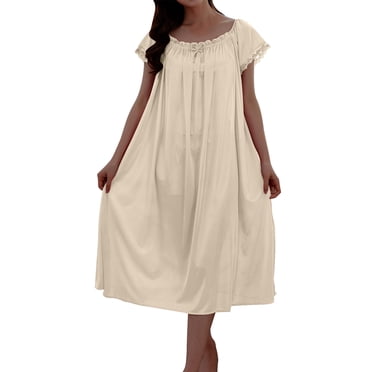 Timegard Chemises de Nuit pour Femmes Col Rond Manches Courtes Chemises de Nuit Décontractées Smockées Nœud Uni Tenue d'Intérieur