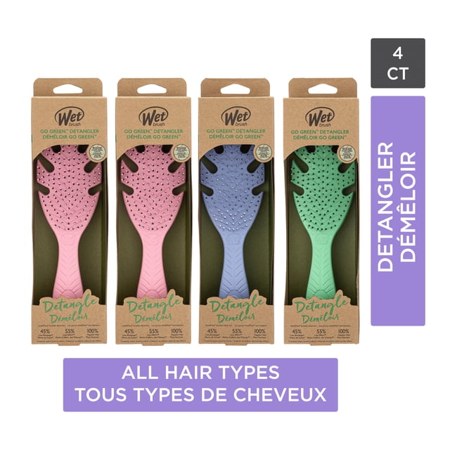 Wet Go Green Brosse Démêlante, Lot de Quatre, avec Brosses à Cheveux Roses, Violettes, Bleues et Vertes, Dotées de Poignées Ergonomiques et de Poils IntelliFlex Flexibles dans un Emballage en Carton Écologique, Conçue pour Tous les types de Cheveux afin de Démêler en Douceur et Réduire la Casse des Cheveux.