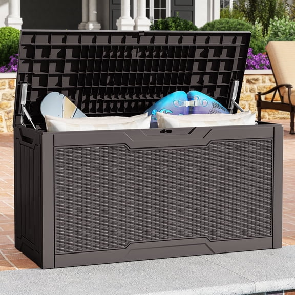 Dextrus Coffre de Terrasse en Rotin Étanche de 80 Gallons, Grand Contenant de Rangement Extérieur en Résine Verrouillable, Organisateur Polyvalent Robuste pour Coussins de Patio, Outils de Jardin et Équipement Extérieur, Brun Foncé