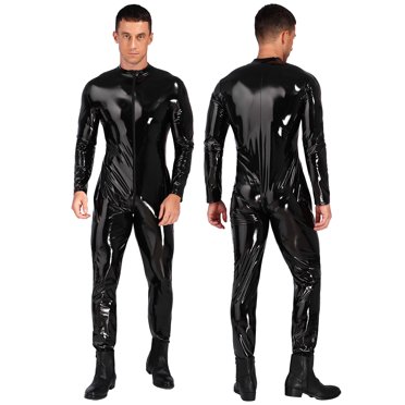 TiaoBug Men's Wet Look Patent Leather Leotard Bodysuit Zipper Crotch Catsuit Jumpsuit Romper Clubwear Black 5XL
