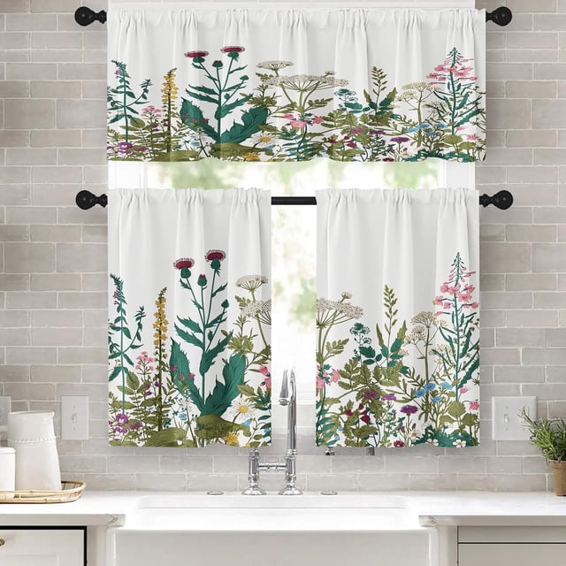 Botanical Kitchen Curtains Herbs and Wildflowers Window Curtains Valance and Tier Set 36 Inch, Spring Rod Pocket Short Tier Curtain for Bathroom, Floral Small Cafe Curtains for Kitchen Decor