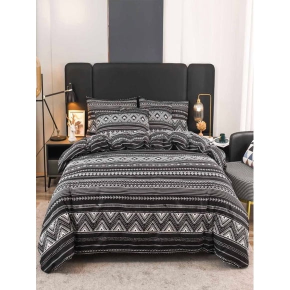 Bohemian Twin Quilt Set 3 Piece Black and White Geometric Bedspread - Lightweight Microfiber Coverlet with 2 Pillowcases for Modern Boho Bedroom Decor, Warm Summer Blanket or Layer with Comforter