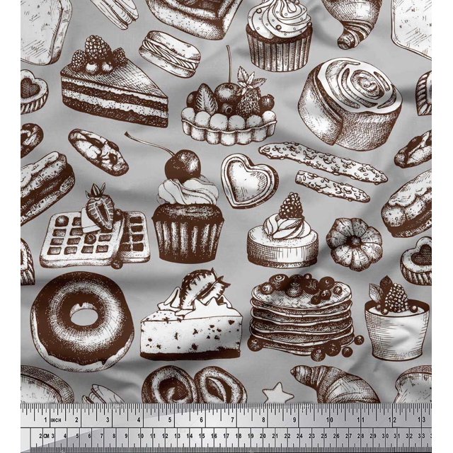 Soimoi Moss Georgette Fabric Cupcake,Donut & Cookies Food Print Fabric by Yard 42 Inch Wide