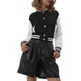 thumbnail image 2 of Women Varsity Baseball Jacket Casual Sweatshirt Long Sleeve Colorblock Button Down Cropped Bomber Coat, 2 of 9